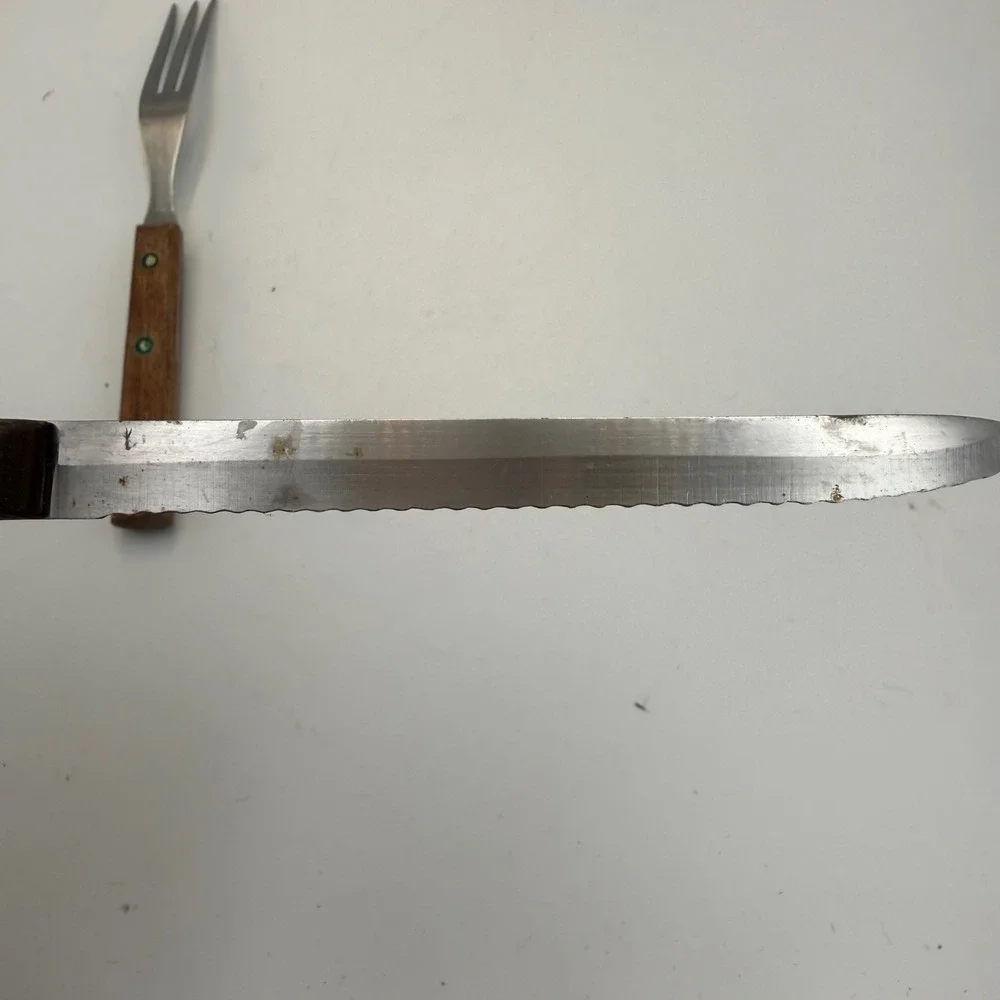 Vintage Ekco Flint Stainless Vanadium Knife and Meat Granny Fork Wood Handle USA